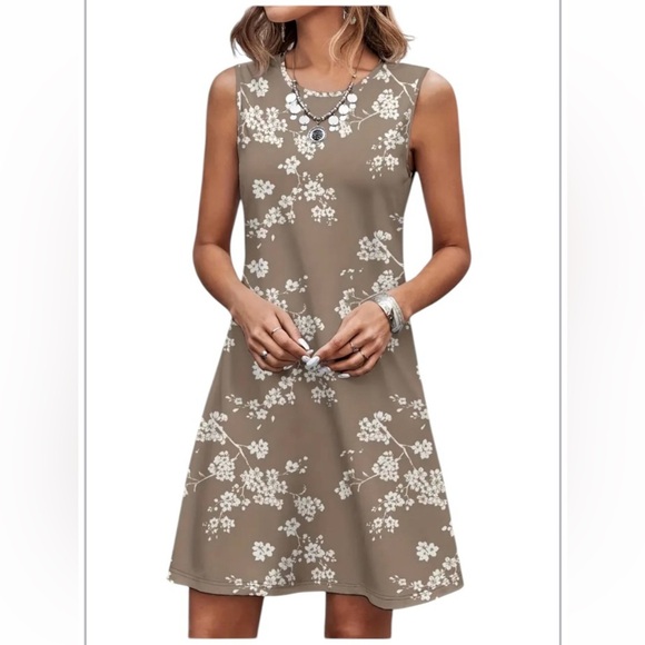 Dresses & Skirts - Floral Sleeveless Dress - Mocha Brown and White